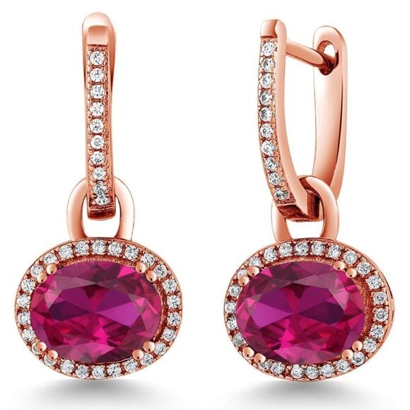 18K Rose Gold 925 with 4.84 Cttw Ruby Oval Dangling French Lock Earrings